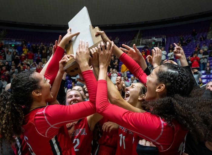 (Rick Egan | The Salt Lake Tribune) The Bountiful Redhawks celebrate their win over the Springville Red Devils, for the Girls 5A State Championship at Weber State, on Saturday, March 4, 2023.
