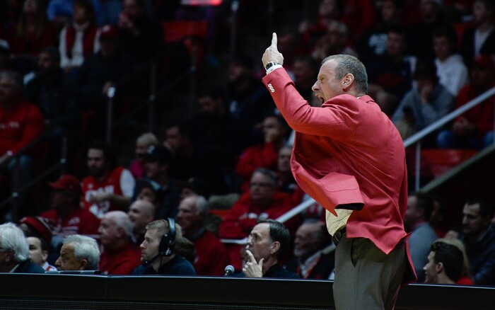 (Francisco Kjolseth  |  The Salt Lake Tribune)  Utah coach Larry Krystkowiak yells out to his players as the University of Utah hosts UCLA in NCAA basketball at the Huntsman Center in Salt Lake City, Thursday, Feb. 22, 2018.