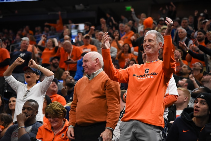 (Francisco Kjolseth  |  The Salt Lake Tribune)  Syracuse fans celebrate a play as Syracuse faces Baylor in their first round menÕs NCAA March Madness tournament game at Vivint Smart Home Arena in Salt Lake City on Thursday, March 21, 2019.
