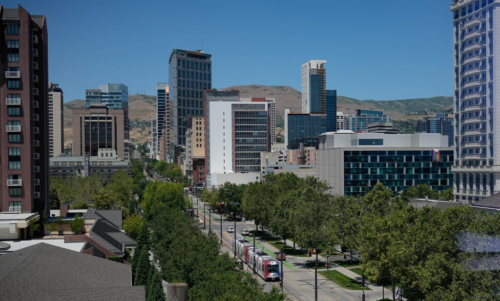 (Francisco Kjolseth  |  The Salt Lake Tribune) The Salt Lake City skyline is pictured from available office space at 650 Main on Tuesday, June 18, 2024.