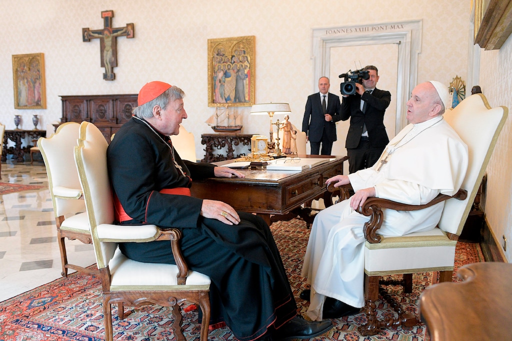 (Vatican News via AP) Pope Francis, right, sits at a table with Cardinal George Pell on the occasion of their private meeting at the Vatican, Monday, Oct. 12, 2020. The Pope warmly welcomed Cardinal for a private audience in the Apostolic Palace after the cardinal’s sex abuse conviction and acquittal in Australia.