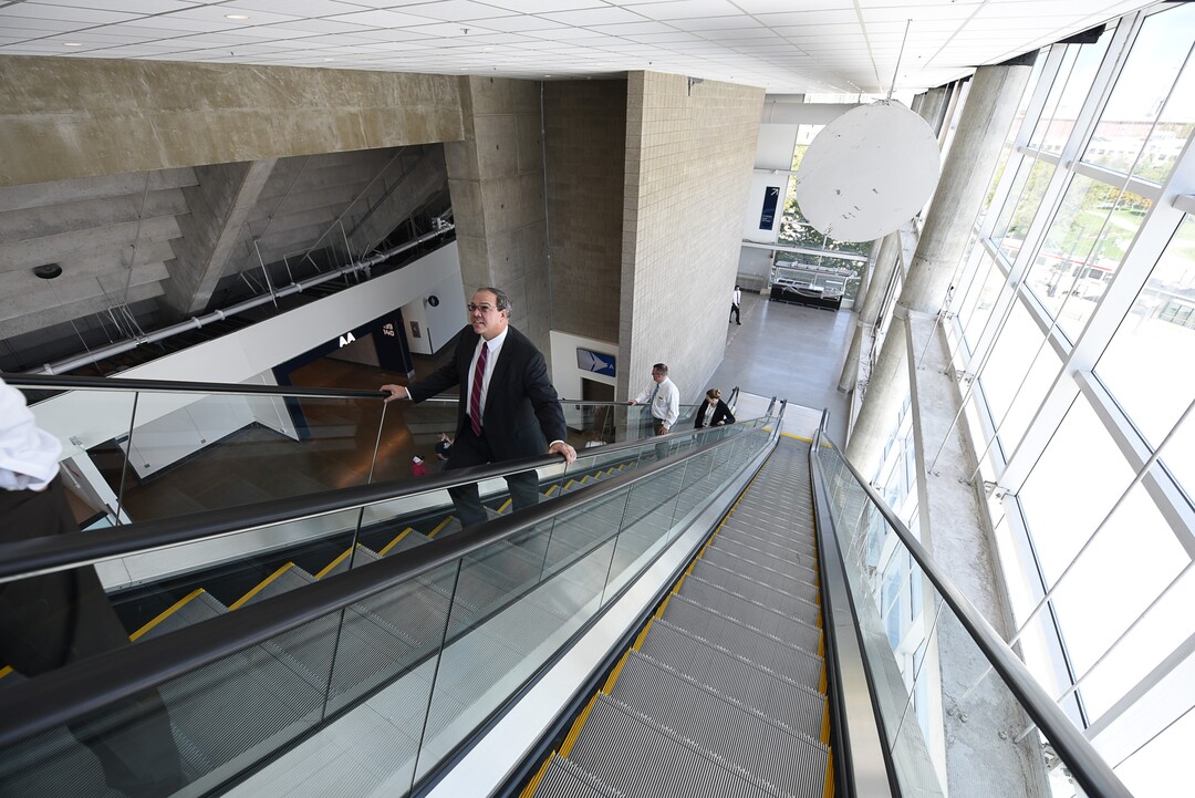 (Francisco Kjolseth  |  The Salt Lake Tribune)  The Jazz unveil renovations for the arena, starting with the J-Note statue and then offering self-guided tours of the venue on Tuesday, Sept. 26, 2017. The arena features new seats, new concourse areas, new anchor restaurants and open spaces for more social experiences at Jazz games and events.