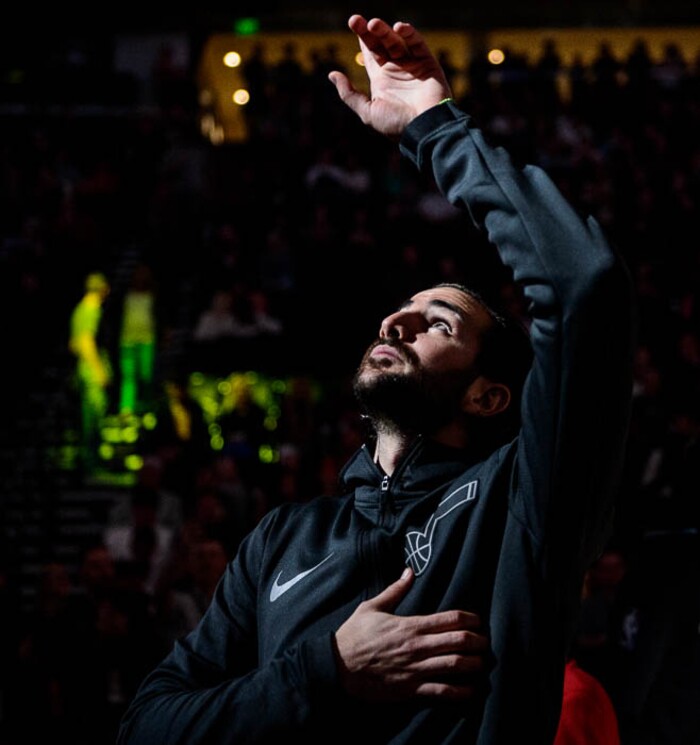 (Trent Nelson | The Salt Lake Tribune)  Utah Jazz guard Ricky Rubio (3) points up during player introductions jas the Utah Jazz host the Milwaukee Bucks, NBA basketball in Salt Lake City Saturday November 25, 2017.