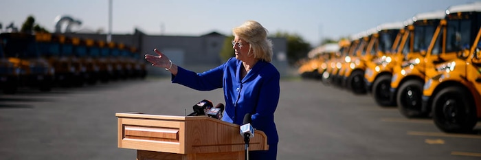 (Trent Nelson | The Salt Lake Tribune)
Dr. Patrice Johnson speaks at a news conference introducing thirty-six new CNG school buses have been added to the Jordan School District fleet this year, bringing the total to 105, the largest fleet of CNG school buses in Utah. Wednesday Sept. 12, 2018.