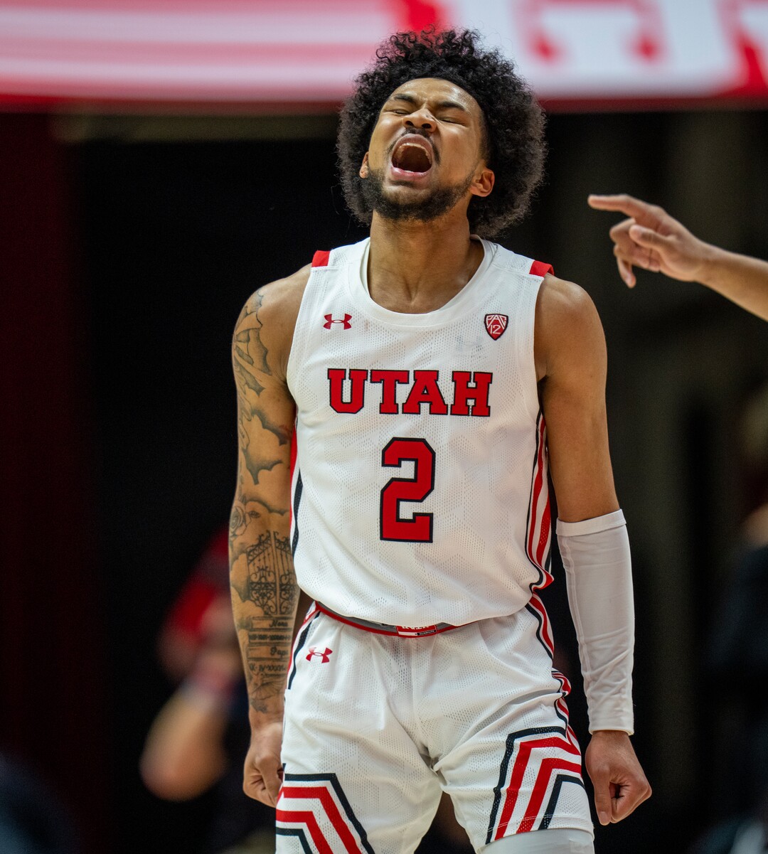 (Rick Egan | The Salt Lake Tribune) Utah guard Mike Saunders Jr. (2) reacts after hitting a big 3-point-shot for the Utes, in PAC-12 basketball action between Utah Utes and UCLA Bruins, at the Jon M. Huntsman Center, Thursday, February. 23, 2022.