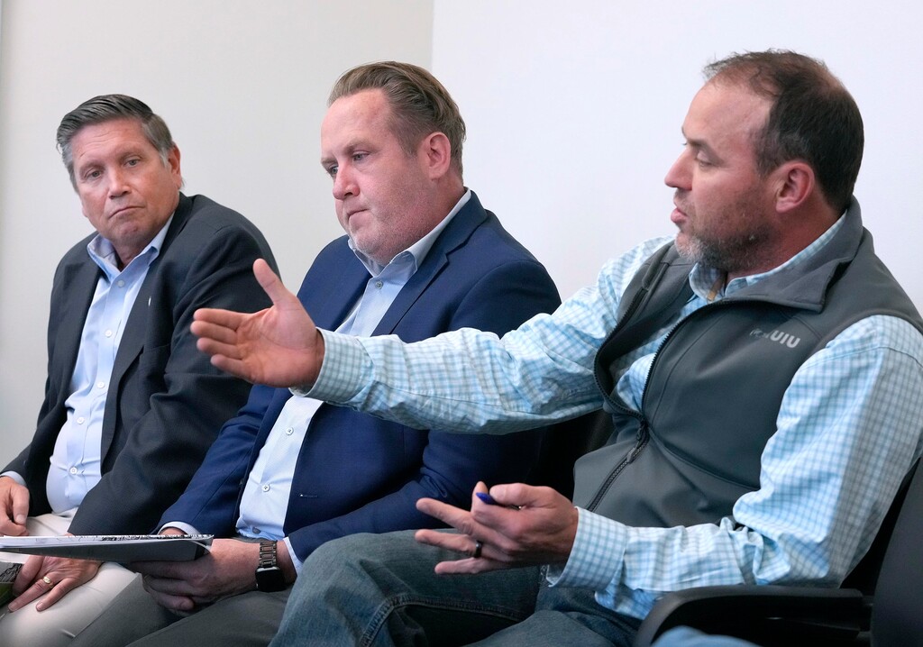 (Leah Hogsten | The Salt Lake Tribune) Utah House Republican leaders from left, Rep. Val Peterson, R-Orem, Rep. Jefferson Moss, R-Saratoga Springs and Rep. Mike Schultz, R-Hooper discuss priorities for the 2023 Legislative Session at Weber State University's Davis Campus, Jan. 5, 2023.