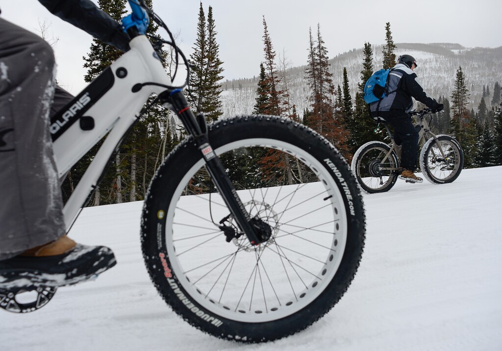 Francisco Kjolseth | The Salt Lake Tribune
Polaris gets in to the Fat Bike revolution with an electric assist version as people give them a try during the Mountain Demo Day at Solitude Resort in Big Cottonwood Canyon that precedes the opening of the Outdoor Retailer Winter Market trade show.