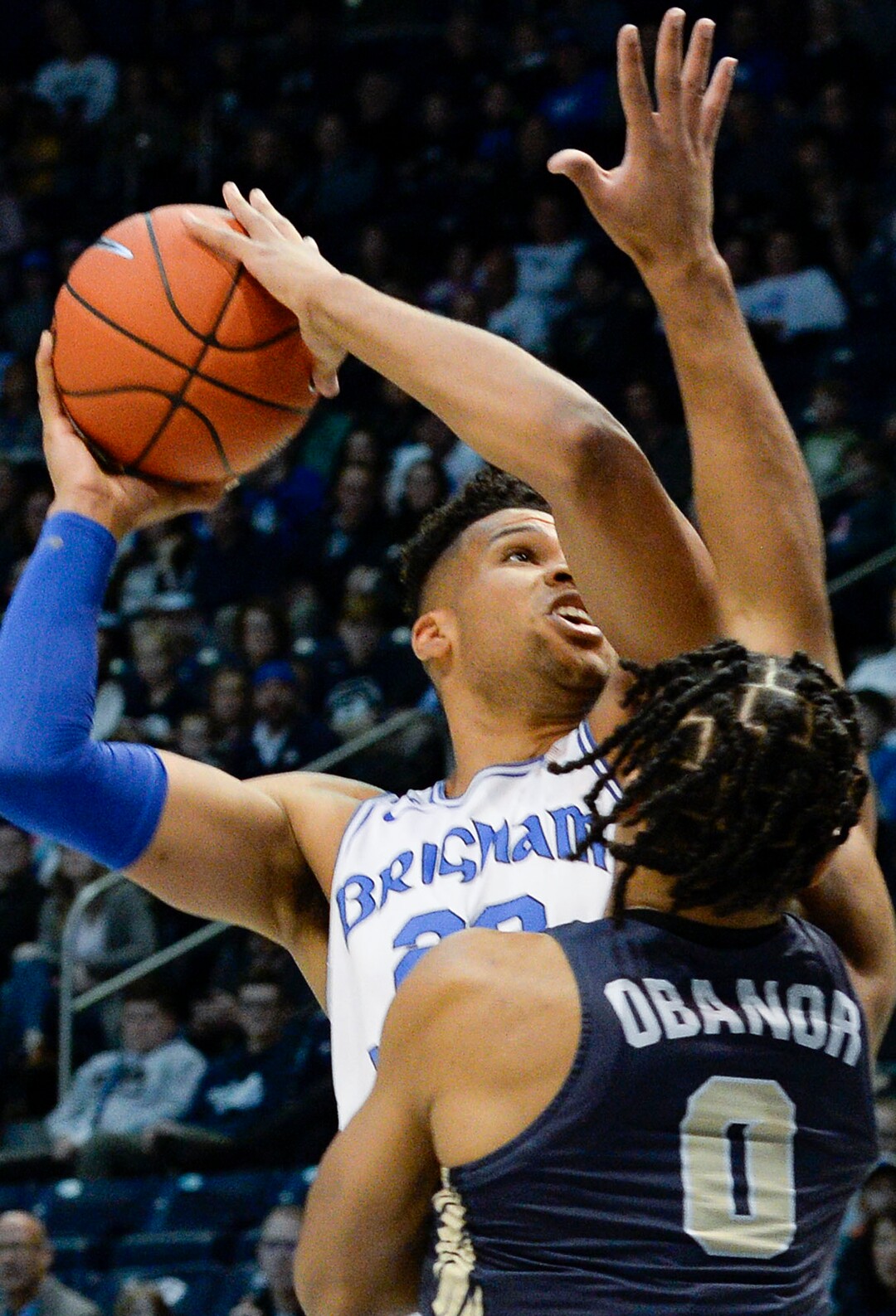 (Leah Hogsten  |  The Salt Lake Tribune) Brigham Young Cougars forward Yoeli Childs (23) had 10 points in the first half as Brigham Young University hosts Oral Roberts, Dec. 28, 2019 at the Marriott Center in Provo.