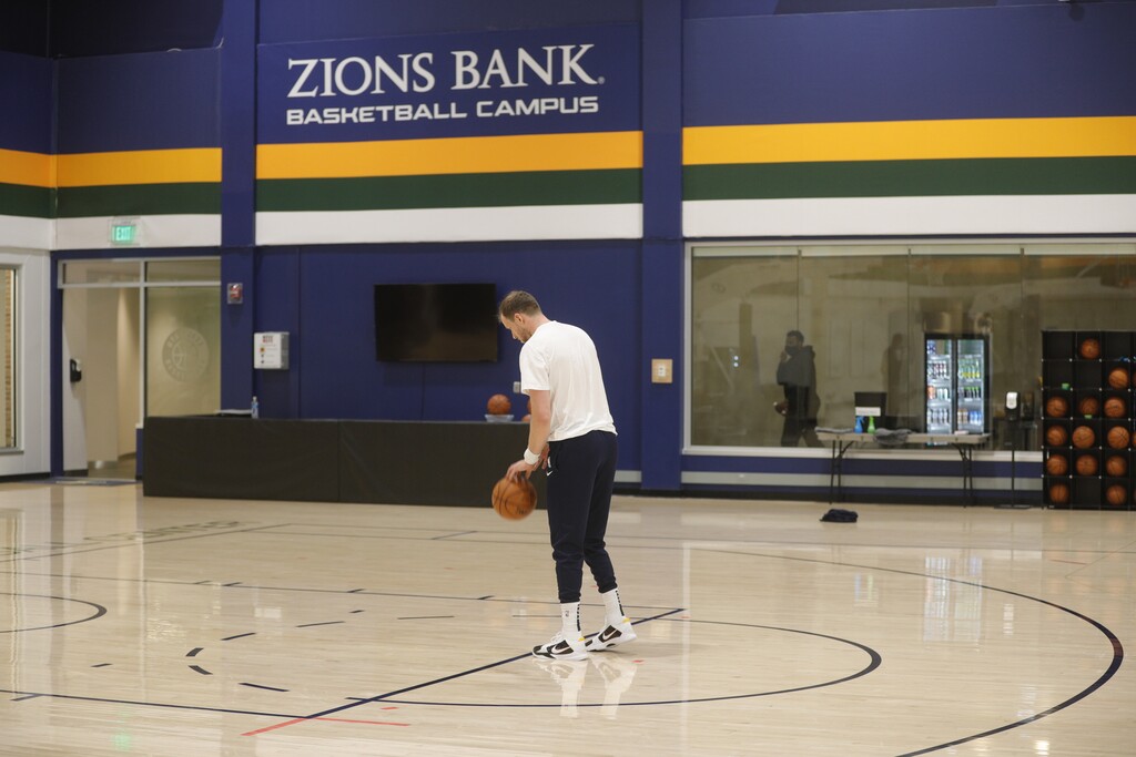 (Photo courtesy of Utah Jazz) | Joe Ingles gets up some shots in an individual workout at the Zions Bank Basketball Campus on Thursday, Dec. 3, 2020. Ingles is encouraging Jazz fans to practice good safety habits with the coronavirus pandemic still ongoing.