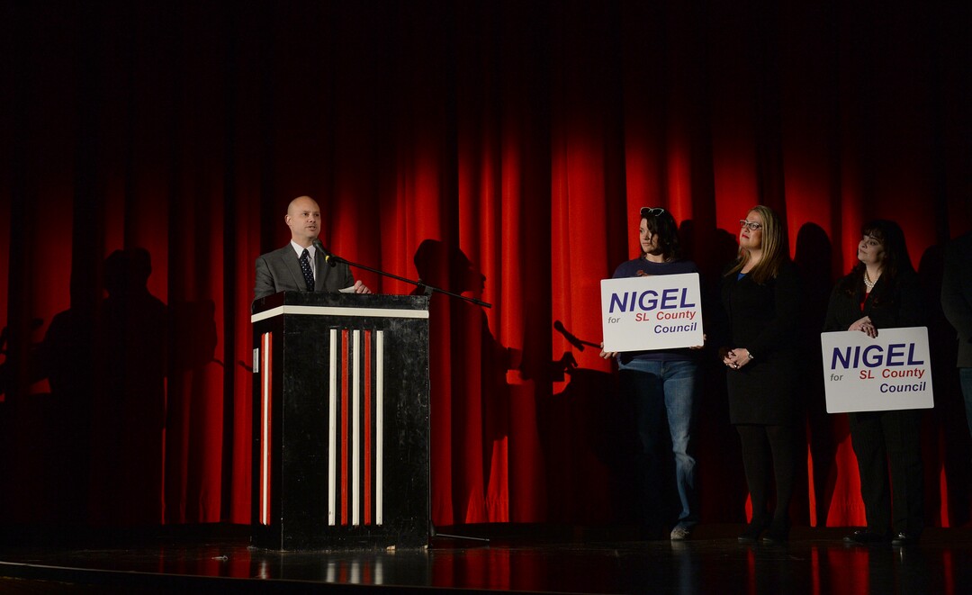 (Rick Egan  |  The Salt Lake Tribune)     Nigel Swaby speaks to the Salt Lake County Democratic Party's Central Committee members, as one of 10 candidates vying the at-large Country Council seats left vacant by now-Salt Lake County Mayor Jenny Wilson, at Eisenhower Jr High, Saturday, Feb. 23, 2019.