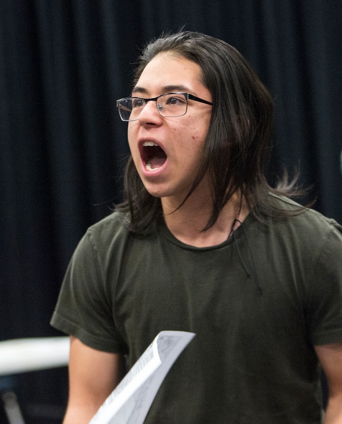 (Rick Egan  |  The Salt Lake Tribune)      Granger High School student Ivan Padilla performs during a competition for EduHam, an education program that accompanies the Salt Lake City run of "Hamilton." Granger theater teachers Kirsten Anderson and Brian Fuller said 81 students at the West Valley City school participated in the program, which asks students to study original founding documents and create an original work of art -- rap, song, poem, essay, etc. -- from a big moment. Twelve of the regional winners will be invited to perform before a matinee performance of "Hamilton" on May 4. Utah's program is the first to be funded in a public-private match. Wednesday, April 11, 2018.