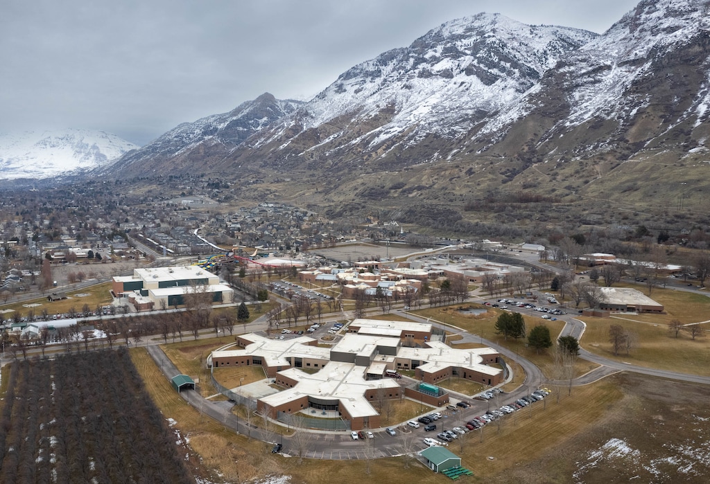 (Francisco Kjolseth  |  The Salt Lake Tribune) The Utah State Hospital campus, located on “prime real estate,” as expressed by a Utah lawmaker, is pictured on Tuesday, Jan. 23, 2024, next to the Wasatch mountains in Provo.