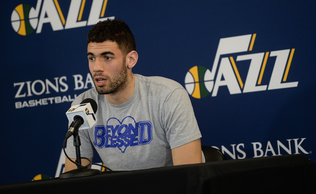 (Francisco Kjolseth  |  The Salt Lake Tribune)  Utah Jazz      forward Georges Niang speaks with the media during exit interviews at their practice facility in Salt Lake City Wed., May 8, 2018, after losing to the Houston Rockets in game 5 of their Western Conference Semifinals during the 2018 NBA Playoffs.