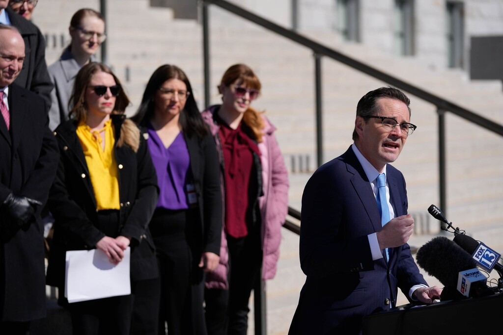 (Francisco Kjolseth  | The Salt Lake Tribune) Professor Chris Peterson, a legal scholar and former federal consumer protection official, joins a group of attorneys on the steps of the Utah Capitol to speak out against numerous judiciary bills that have emerged during the 2025 legislative session, Wednesday February. 26, 2025.