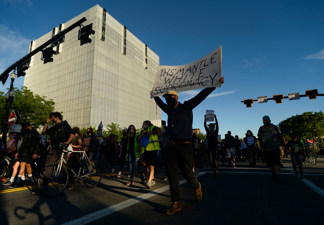 (Leah Hogsten  |  The Salt Lake Tribune) The Party for Socialism and Liberation Salt Lake joined Salt Lake Equal Rights Movement at the Wallace Bennett Federal Building in solidarity with the Black Lives Matter movement, June 9, 2020. 