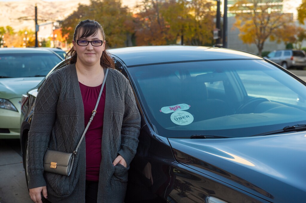 (Rachel Molenda  |  The Salt Lake Tribune) Natalie Fleming, pictured in front of the Tribune office on Oct. 26, 2018, drives for rideshare companies in addition to working a full-time job.
