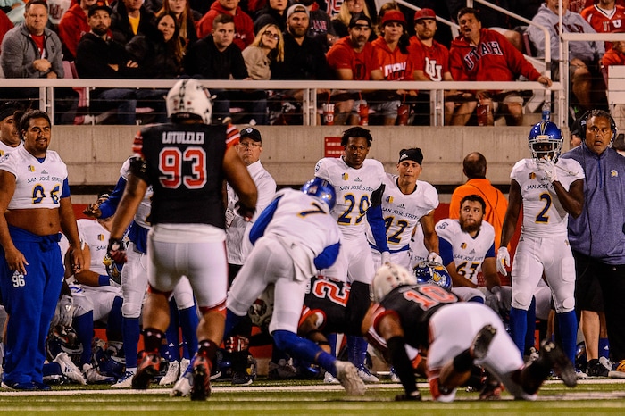 (Trent Nelson | The Salt Lake Tribune) Utah Utes linebacker Donavan Thompson (3) tackles San Jose State Spartans quarterback Montel Aaron (7) as the Utah Utes host the San Jose State Spartans, NCAA football at Rice-Eccles Stadium in Salt Lake City, Saturday September 16, 2017. Aaron left the game after this play.