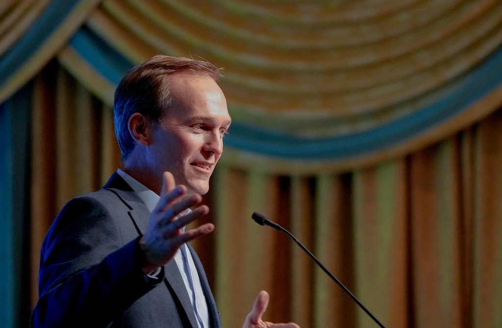 (Francisco Kjolseth | The Salt Lake Tribune) Former U.S. Rep. Ben McAdams speaks in Salt Lake City in April 2023. The Latter-day Saint Democrat says straight-ticket voting is eroding democracy.