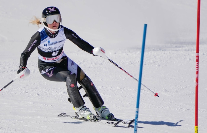 (Francisco Kjolseth | The Salt Lake Tribune) Evelina Fredricsson of Westminster College competes in women’s slalom during the NCAA Skiing Championships held at Park City Mountain Resort on Friday, March 11, 2022, in Park City, Utah.