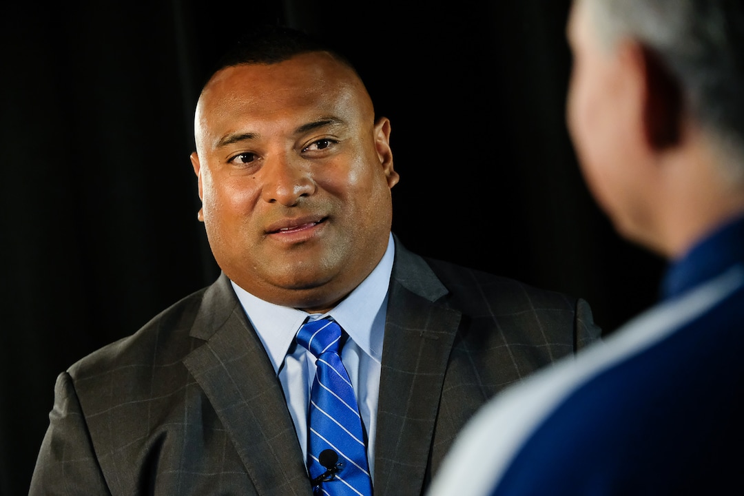(Francisco Kjolseth  |  The Salt Lake Tribune)  BYU head football coach Kalani Sitaki is interviewed during BYU football media day at the BYU Broadcasting Building in Provo on Tuesday, June 18, 2019.