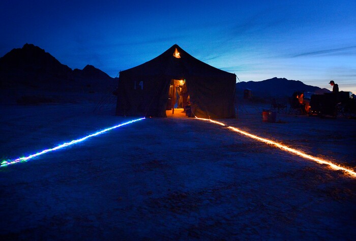 (Scott Sommerdorf | The Salt Lake Tribune)
Light strips on the salt light the way to Aid Station 14 - the last checkpoint before the finish line - at the Salt Flats 100 Endurance Run, Saturday, May 5, 2018.
