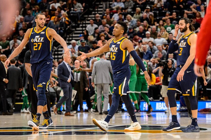 (Trent Nelson | The Salt Lake Tribune)  
Utah Jazz vs. Boston Celtics, NBA basketball in Salt Lake City, Wednesday March 28, 2018. Utah Jazz center Rudy Gobert (27), Utah Jazz guard Donovan Mitchell (45), and Utah Jazz guard Ricky Rubio (3) at halftime.