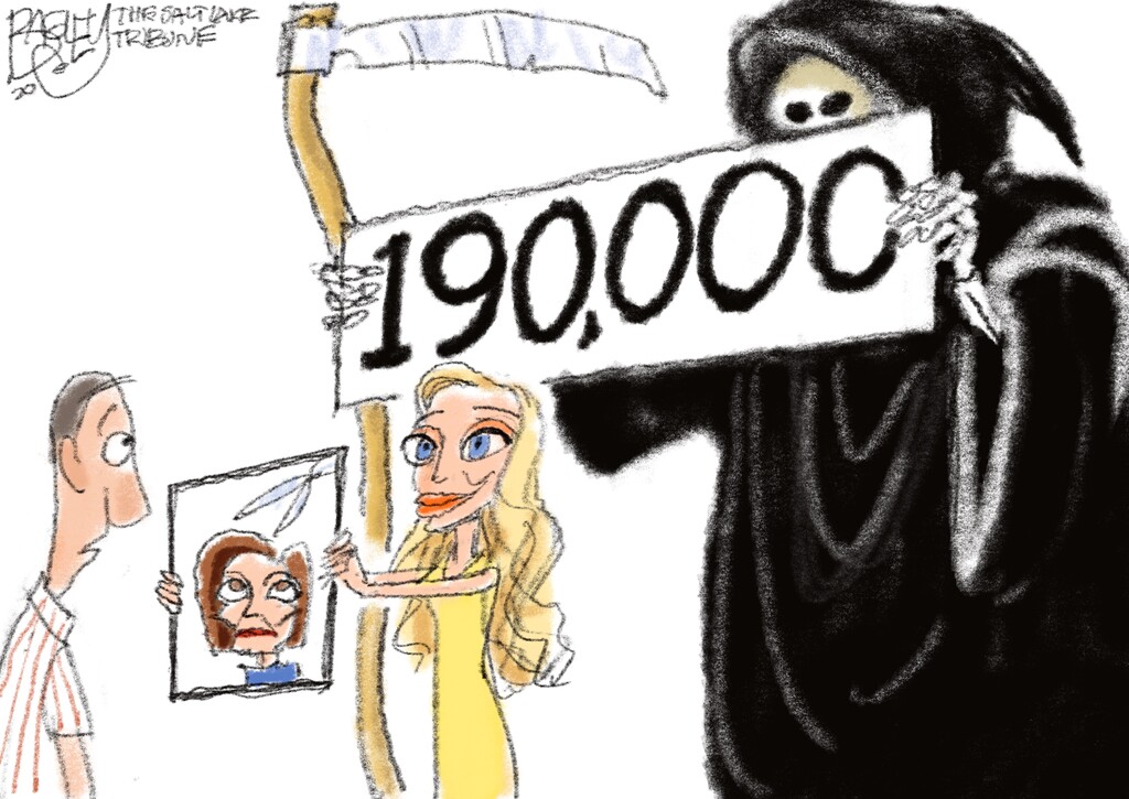 A woman showing a photo of U.S. House Speaker Nancy Pelosi to a man with the Grim Reaper holding a sign that says "190,000" in the background.