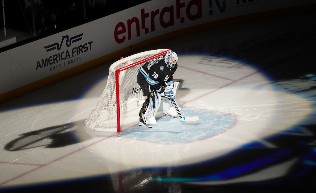 (Chris Samuels | The Salt Lake Tribune) Utah Hockey Club goalie Karel Vejmelka is introduced ahead of an NHL game against the Colorado Avalanche in Salt Lake City, Friday, Dec. 27, 2024.