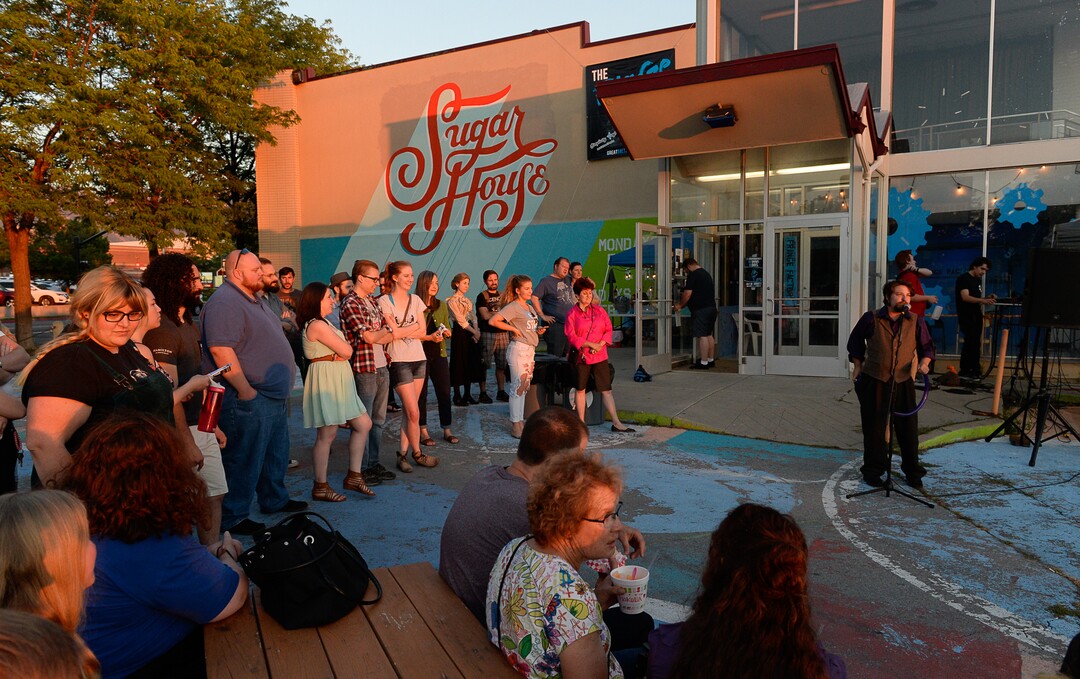 Francisco Kjolseth | The Salt Lake TribuneAndrew Nadon, also known as "aLittleMentalist" joins other performers in a short preview of their work during the opening party for the third annual Great Salt Lake Fringe Festival in Sugarhouse on Thursday, July 27, 2017. Nadon who ate a long balloon gave a taste of his show entitled "what will a man eat."