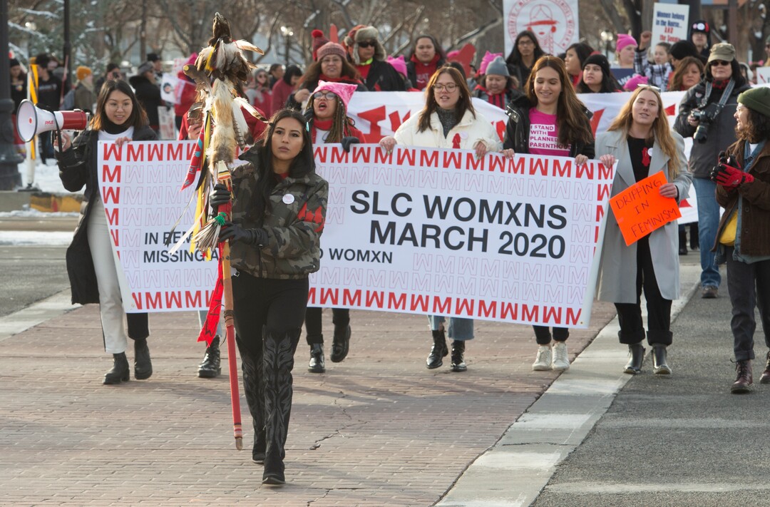 (Rick Egan  |  The Salt Lake Tribune)     Marchers make their way up State Street from Washington Square Park to the Capitol Building, in the 2020 Womxn's March in Salt Lake City, Saturday, Jan. 18, 2020.