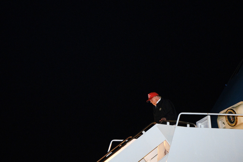 (T.J. Kirkpatrick | The New York Times) President Donald Trump arrives for a weekend stay at Mar-a-Lago at Palm Beach International Airport in West Palm Beach, Fla., March 6, 2020. A president who is at his strongest politically when he has a human target to attack has found it harder to confront a growing outbreak that has rattled the country.