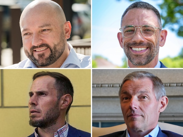 (Campaign photos; The Salt Lake Tribune) Clockwise from top left: Steven Burt, Jonny Larsen, Mike Kennedy, and Taylor Wright, candidates for the 2026 4th Congressional District election.