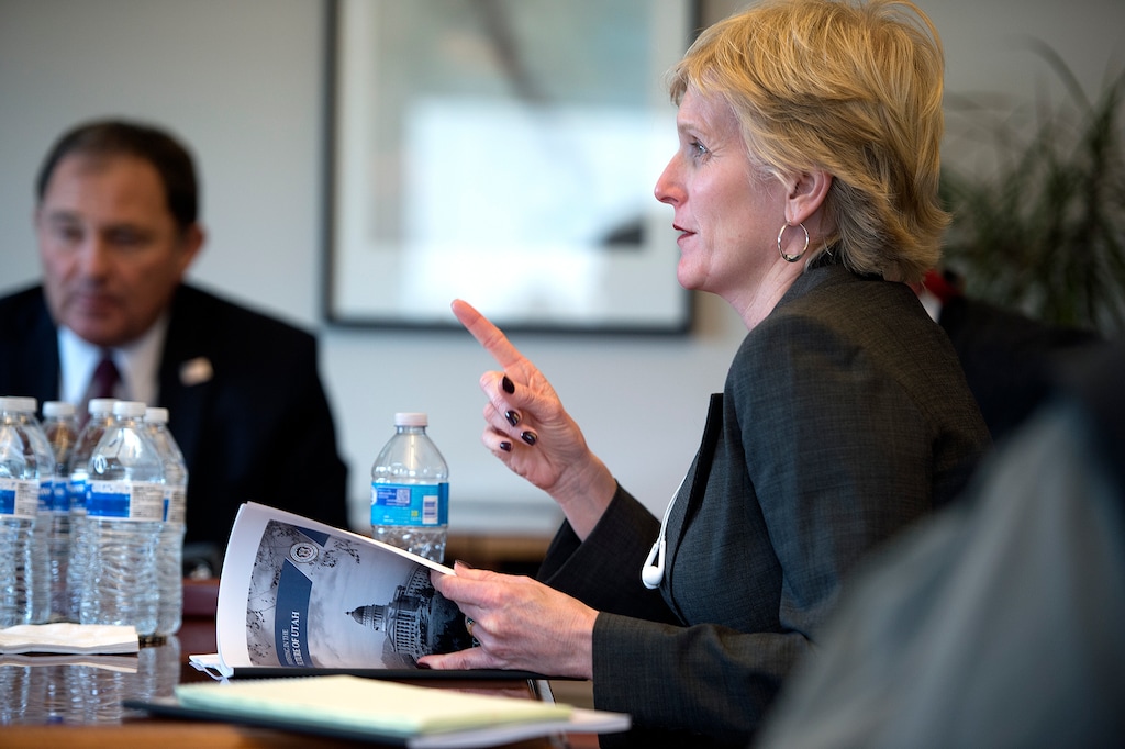 (Scott Sommerdorf | Tribune file photo) Kristen Cox, executive director of the Office of Management and Budget, makes a point as Utah Gov. Gary Herbert came to The Salt Lake Tribune editorial board meeting to discuss his recommendations for the fiscal year 2017 budget, Dec. 9, 2015.