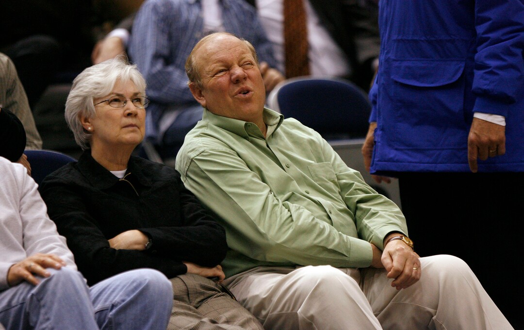 (Al Hartmann  |  Tribune file photo) Jazz Rockets in final regular season game of the year.   Larry Miller talks with his wife, Gail during a Rockets game in 2007.