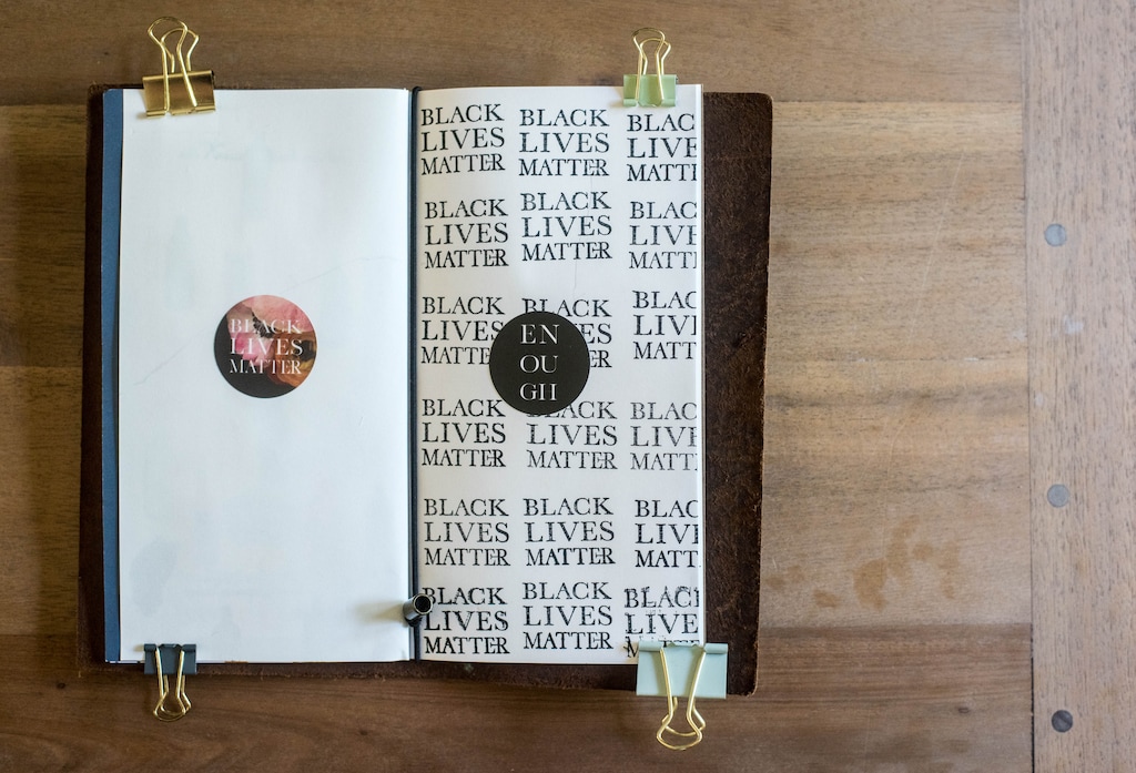 (Kate Medley | The New York Times) A sample of scrapbook from Azzari Jarrett, a photographer and designer, in Wilmington, N.C., July 19, 2020. People of color who craft are done being overlooked as customers and designers.