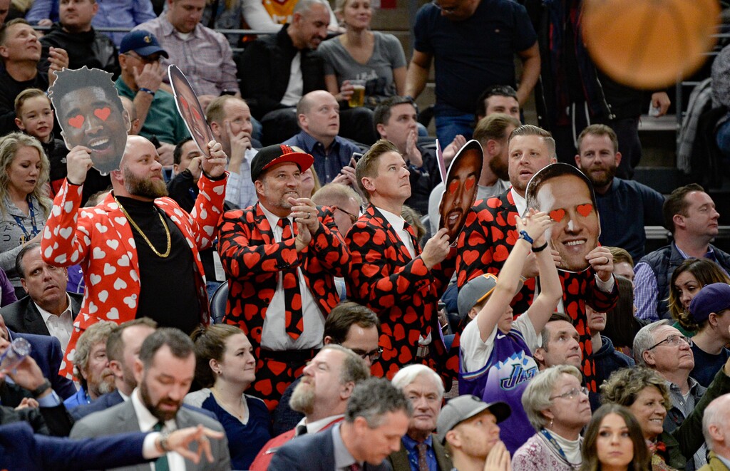 (Francisco Kjolseth  |  The Salt Lake Tribune) The fans show their Valentine's Day spirit during the game as the Utah Jazz host the Miami Heat in their NBA basketball game at Vivint Smart Home Arena in Salt Lake City on Wednesday, Feb. 12, 2020.