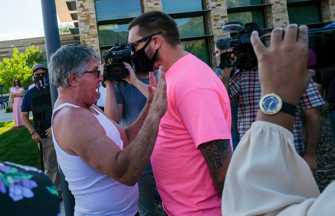 (Leah Hogsten  |  The Salt Lake Tribune) A supporter for Blue Lives Matter and the Cottonwood Heights Police Department exchanges words with Black Lives Matter rally. Five days after after nine protesters were arrested during a peaceful rally in memory of Zane James that turned into a violent clash with Cottonwood Heights officers, demonstrators gathered outside the police station Friday to denounce CHPD's actions and its officers for inciting the violence.