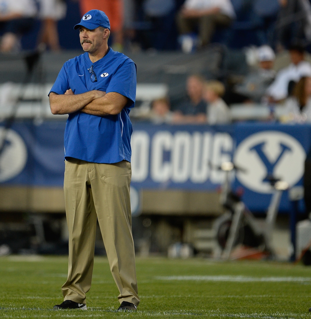 (Francisco Kjolseth  |  The Salt Lake Tribune)  BYU offensive coordinator Jeff Grimes during takes to the field before their game against California in the NCAA college football game, Saturday, Sept. 8, 2018, at LaVell Edwards stadium in Provo, Utah.