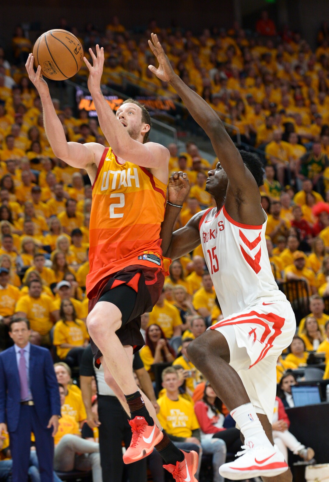 (Leah Hogsten  |  The Salt Lake Tribune) Utah Jazz forward Joe Ingles (2) shoots around Houston Rockets center Clint Capela (15) as the Utah Jazz take on the Houston Rockets in Game 3 of an NBA basketball second-round playoff series Friday, May 4, 2018 in Salt Lake City.