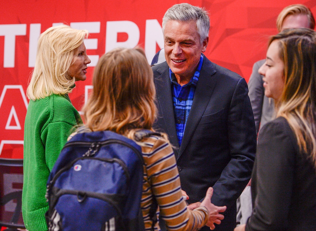 (Leah Hogsten  |  The Salt Lake Tribune) Former two-term Gov. Jon Huntsman, 59, who announced his bid for governor, Nov. 14, 2019 greets students at the Michael O. Leavitt Center for Politics and Public Service at Southern Utah University in Cedar City on Thursday.