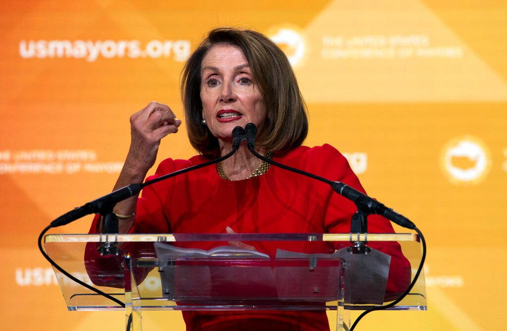 House Speaker Nancy Pelosi, D-Calif., speaks during the U.S. Conference of Mayors winter meeting in Washington, Wednesday, Jan. 23, 2019. (AP Photo/Jose Luis Magana)