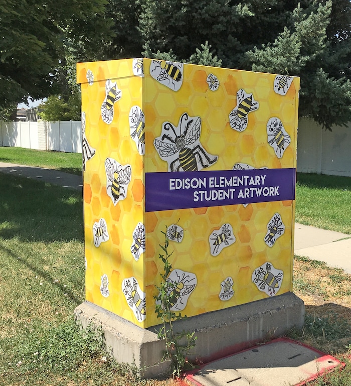 (Photo courtesy Salt Lake City Mayor's Office) A utility box near Edison Elementary School in Salt Lake City, decorated with artwork by the school's students, as part of the city's ColorSLC program.