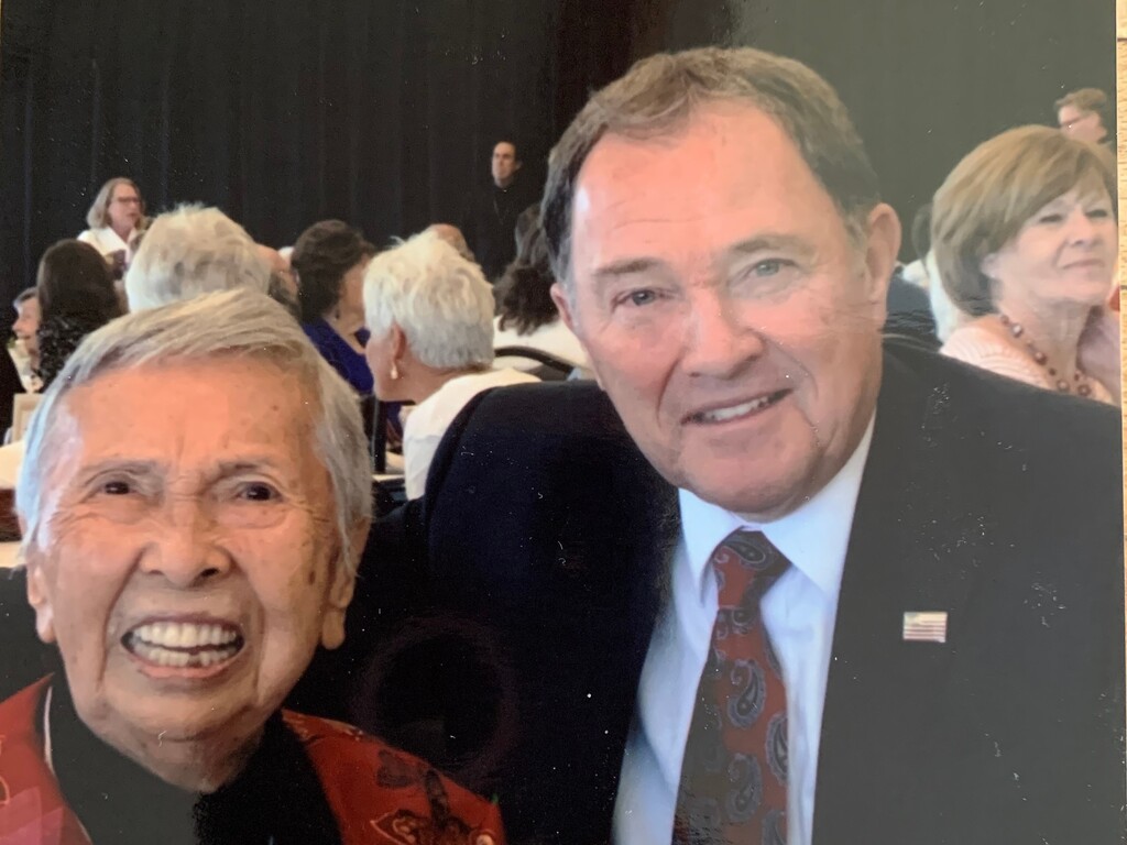 (Photo courtesy of Aubrey Stewart) Mary Kawakami photographed with Utah Gov. Gary Herbert in 2019.