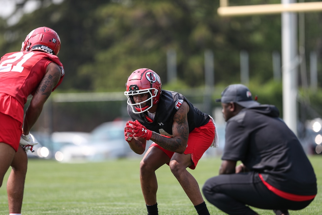 (Utah Athletics) University of Utah cornerback JT Broughton lines up for a play at a recent practice. Though young, the Utes' cornerbacks have quickly turned into a strength of the defense.
