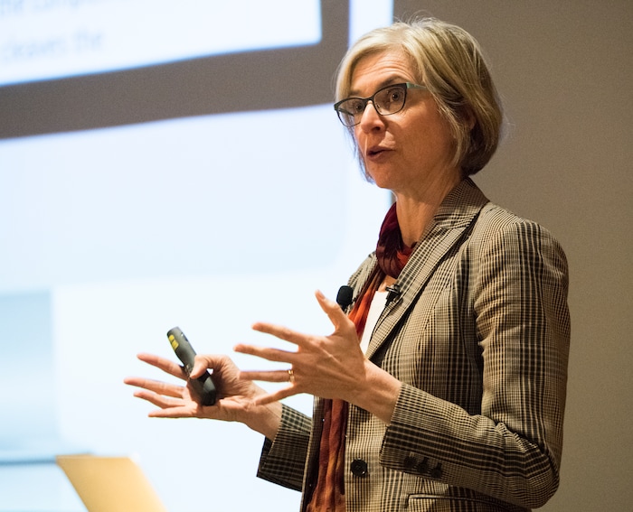 (Rick Egan  |  The Salt Lake Tribune)        UC Berkeley researcher Jennifer Doudna, gives a lecture on “Rewriting the Language of Life: The Biology, Technology and Ethics of DNA Editing."  at the Huntsman Cancer Institute, Thursday, March 22, 2018.



