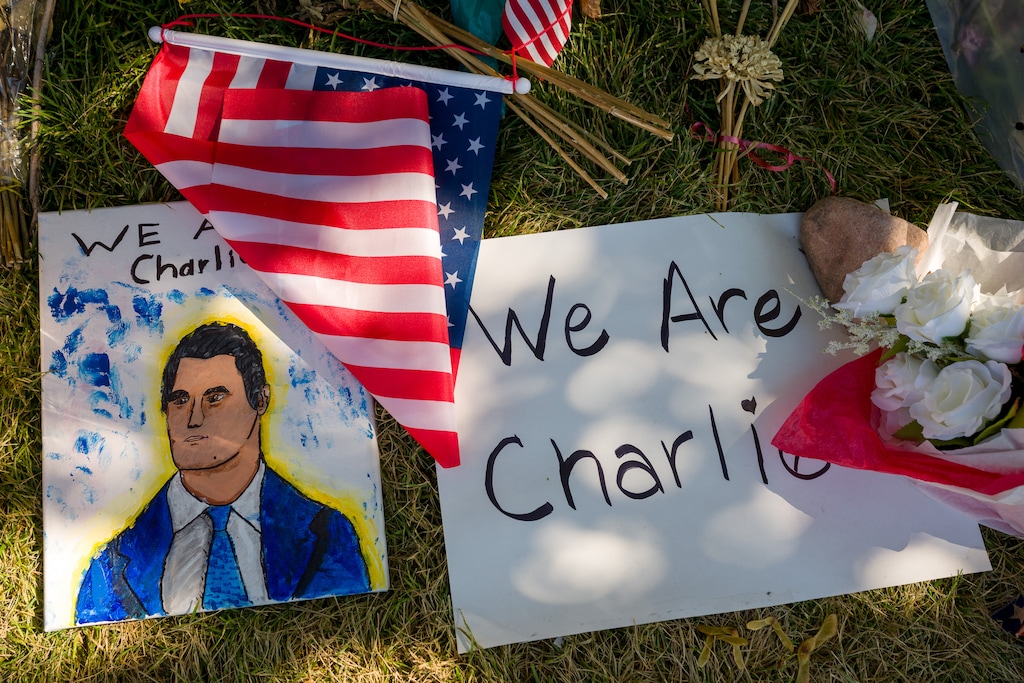 (Trent Nelson | The Salt Lake Tribune) Memorials to Charlie Kirk at Utah Valley University in Orem on Monday, Sept. 29, 2025.