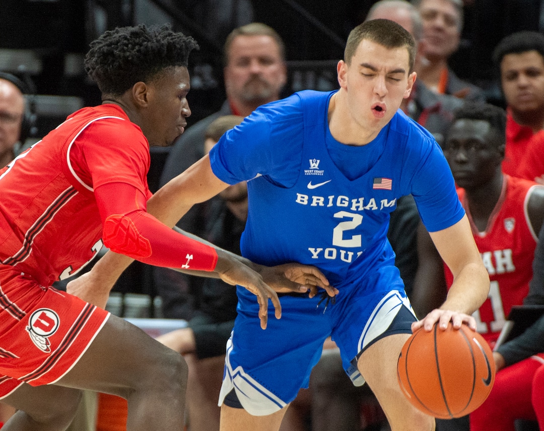 (Rick Egan  |  The Salt Lake Tribune)   Brigham Young Cougars guard Zac Seljaas brings the ball down court, in basketball action in the Beehive Classic, between against the Brigham Young Cougars and Utah Utes, at the Vivint Smart Home Arena, Saturday December 8, 2018.