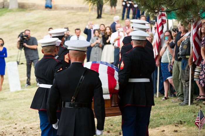 (Alex Gallivan  |  Special to The Tribune) Marine Pfc. Robert K. Holmes, who died 77 years ago aboard the USS Oklahoma during the attack on Pearl Harbor, is laid to rest in the Salt Lake City Cemetery, Monday, Aug. 20, 2018.