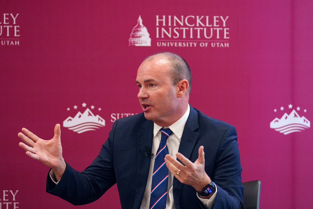 (Trent Nelson | The Salt Lake Tribune) Sen. Mike Lee speaks at the Hinckley Institute of Politics in Salt Lake City on Tuesday, Oct. 8, 2024. The senator will chair the Senate Committee on Energy and Natural Resources next year, he announced Tuesday.