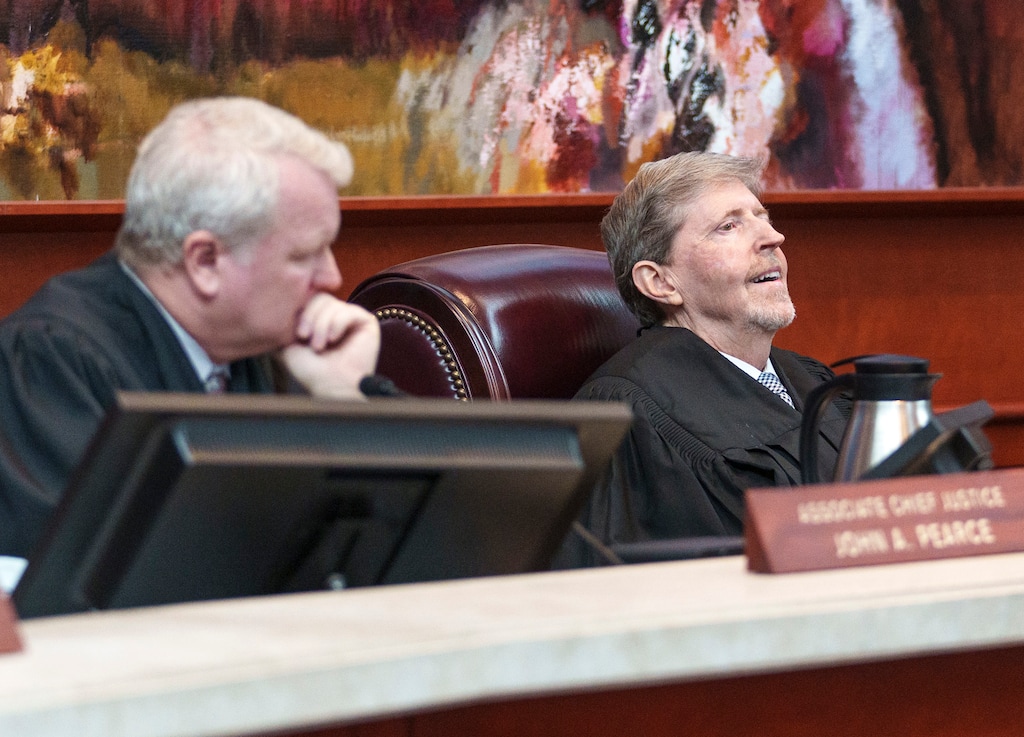 (Leah Hogsten | The Salt Lake Tribune) Utah Supreme Court Associate Chief Justice John A. Pearce, left, and Chief Justice Matthew B. Durrant listen to oral arguments for a case challenging the state’s congressional districts before the Utah Supreme Court in Salt Lake City, Tuesday, July 11, 2023.
